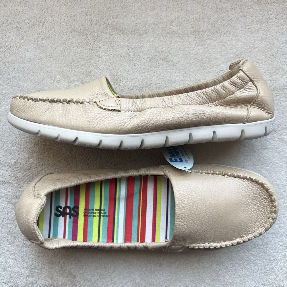 SAS Sunny Tan Latte Leather Slip On Flat Loafer Shoes Women 9.5 W Casual Beach‎